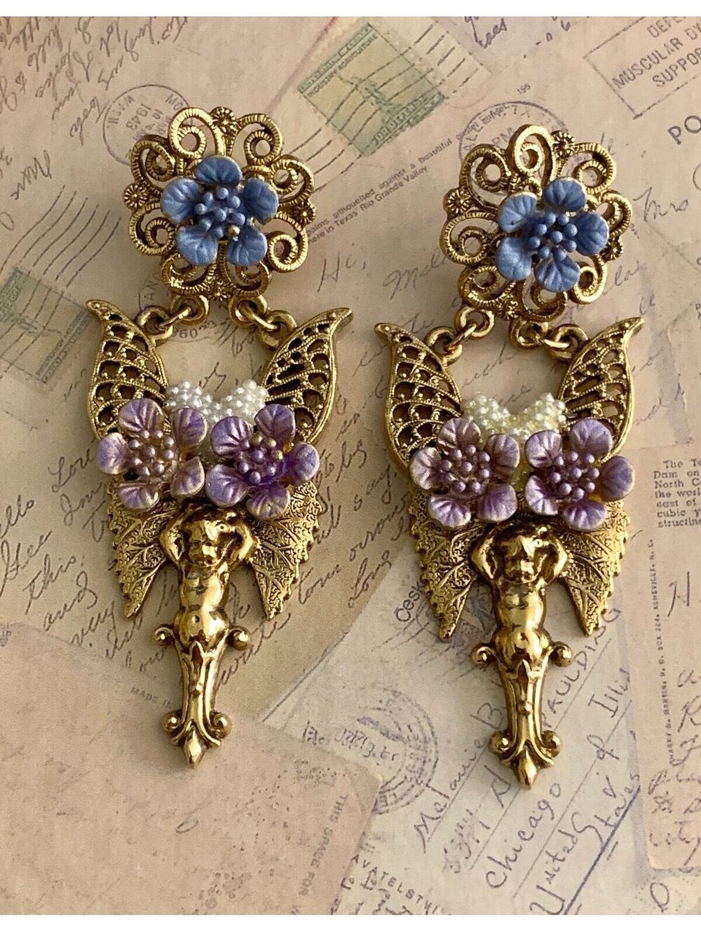 Stunning Vintage 1928 Jewelry victorian revival Ornate Cherub & Floral Earrings